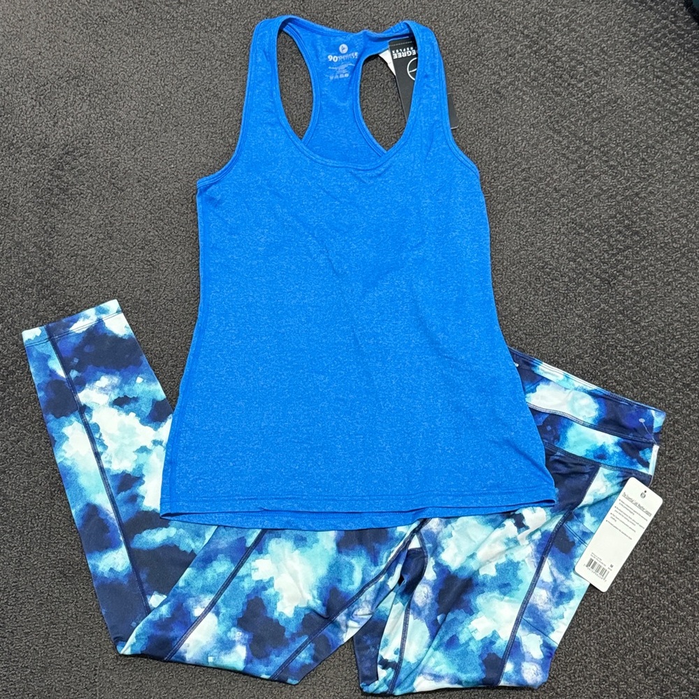 90 Degree By Reflex Blue Tank Top Sz M and blue print Layer 8 Leggings Sz M